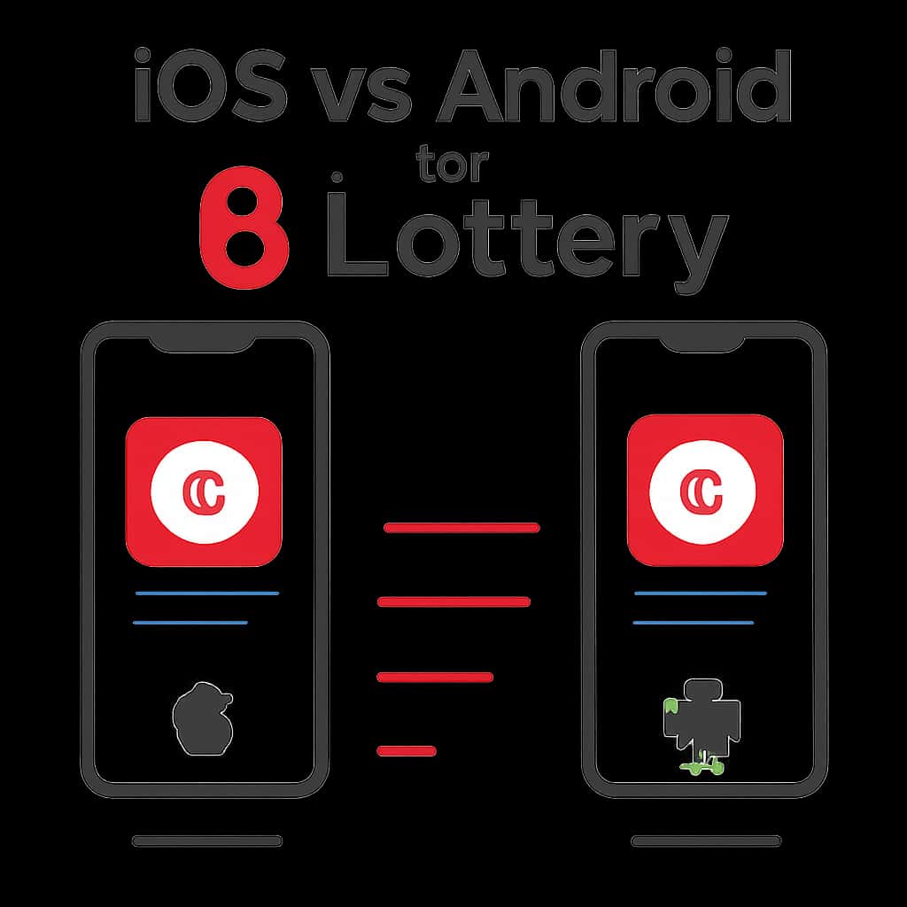 An educational diagram comparing the features of 6 Lottery on iOS and Android.